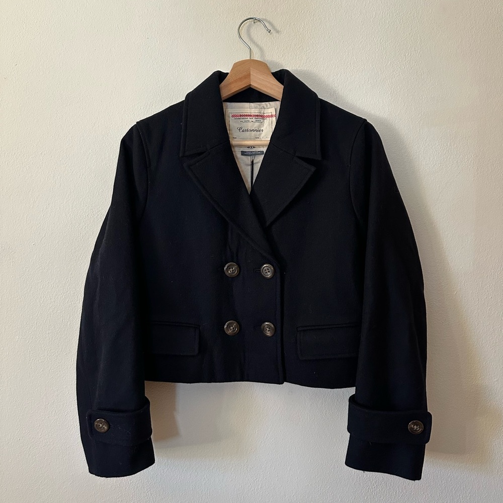 NWT Cartonnier Black Double-Breasted Cropped Pea Coat